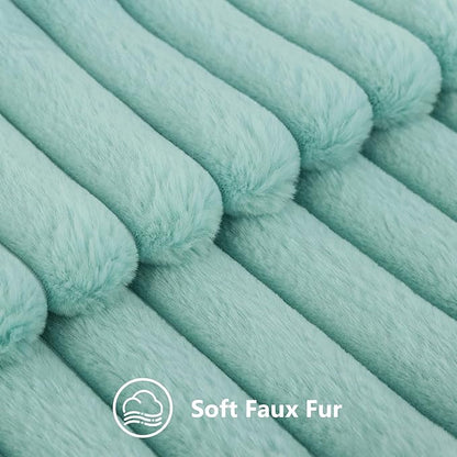 decorUhome Faux Fur Spring Throw Pillow Covers 12x20 Set of 2, Decorative Soft Plush Striped Lumbar Neutral Couch Pillow Covers with Velvet Back for Sofa, Bed, Living Room Home, Aqua