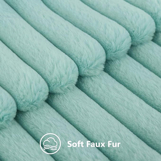 decorUhome Faux Fur Spring Throw Pillow Covers 12x20 Set of 2, Decorative Soft Plush Striped Lumbar Neutral Couch Pillow Covers with Velvet Back for Sofa, Bed, Living Room Home, Aqua