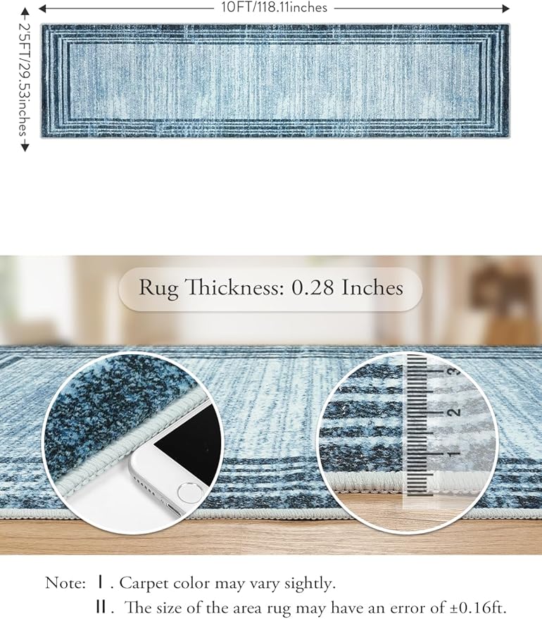 Lahome Modern Abstract Runner Rug, Washable Blue 2.5x10 Kitchen Runner Non Slip Runners for Hallways 10ft, Low-Pile Long Entryway Rug Indoor Soft Carpet Runner for Bedroom Hall
