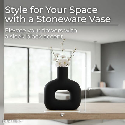 Sagebrook Home Modern Stoneware Vase - Matte Dolomite Decorative Accent for Home, Office & Living Room - Contemporary Minimalist Design - 8" Black
