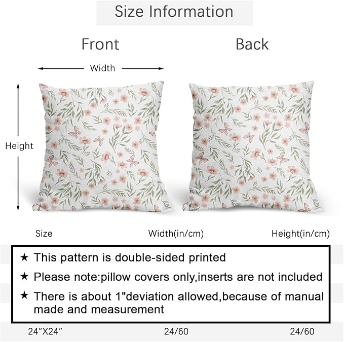Spring Pillow Covers 24x24 Set of 2 Sage Green Pink Floral Throw Pillow Covers Boho Pillowcase Linen Decoration Farmhouse Soft Decorative Butterfly Cushion Case Couch for Indoor Outdoor Home Decor