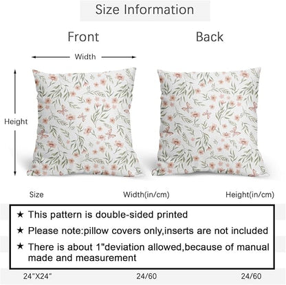 Spring Pillow Covers 24x24 Set of 2 Sage Green Pink Floral Throw Pillow Covers Boho Pillowcase Linen Decoration Farmhouse Soft Decorative Butterfly Cushion Case Couch for Indoor Outdoor Home Decor