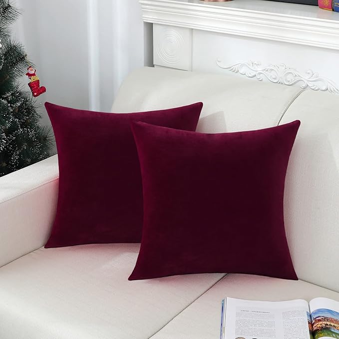 Jeneoo Set of 2 Comfy Soft Thick Velvet Throw Pillow Covers for Sofa Couch Decorative Solid Square Cushion Cases for Bedroom Car (16 x 16 Inches, Burgundy Red)