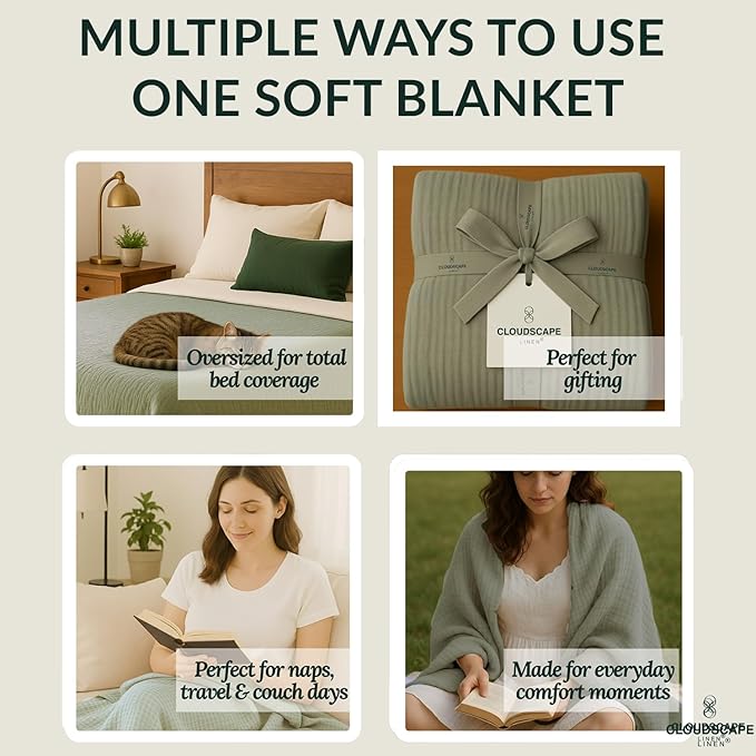 Cloud Scape Linen Extra Large 8 Layer Muslin Throw Blanket - 100% Cotton Gauze, Soft and Breathable, Winter Blanket for Couch, Sofa and Bed, Idea, 50x70, Sage Green
