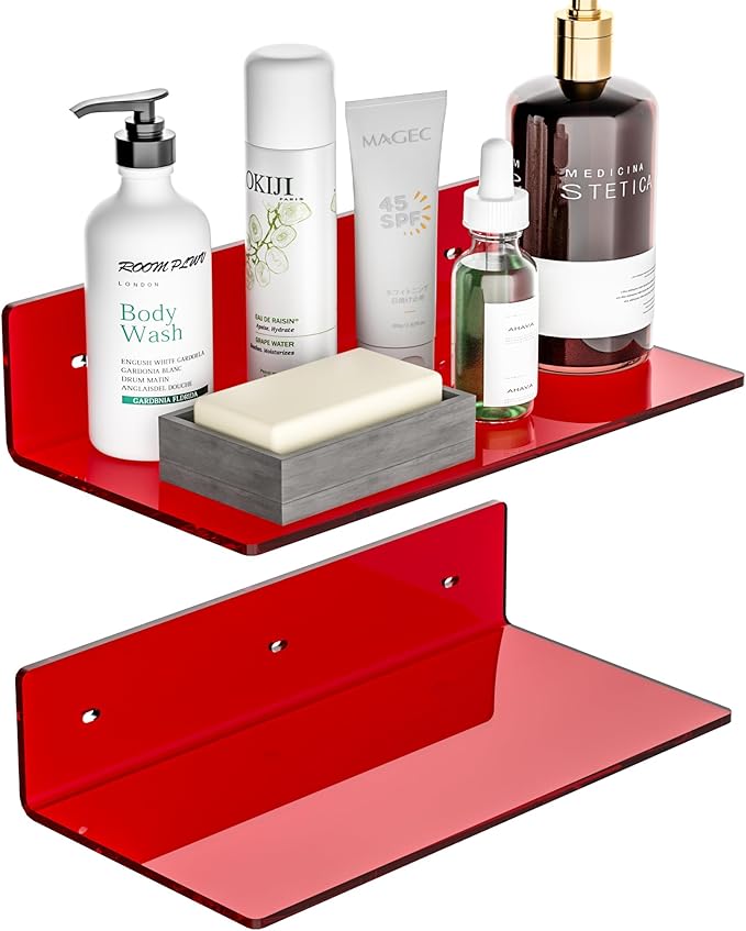 Sezanrpt 12 Inches Red Small Wall Shelves, Acrylic Bathroom Floating Shelves for Living Room, Bathroom, Bedroom, 2 Pack