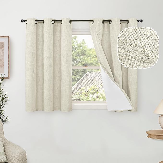 Lajode 40 Inch Length Linen Blackout Curtains for Short Cafe Window, Thermal Insulated Light Blocking Soundproof Privacy Burlap Curtains 2 Panels, Each 38 Inch Wide Natural