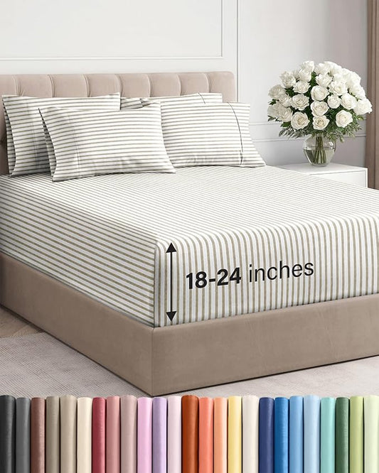Extra Deep Queen Sheet Set - 6 Piece Breathable and Cooling Sheets - Hotel Luxury Bed Sheets Set - Easy Fit - Soft, Wrinkle Free and Comfy Sheets Set - Beige Striped Sheet Set with Extra Deep Pockets