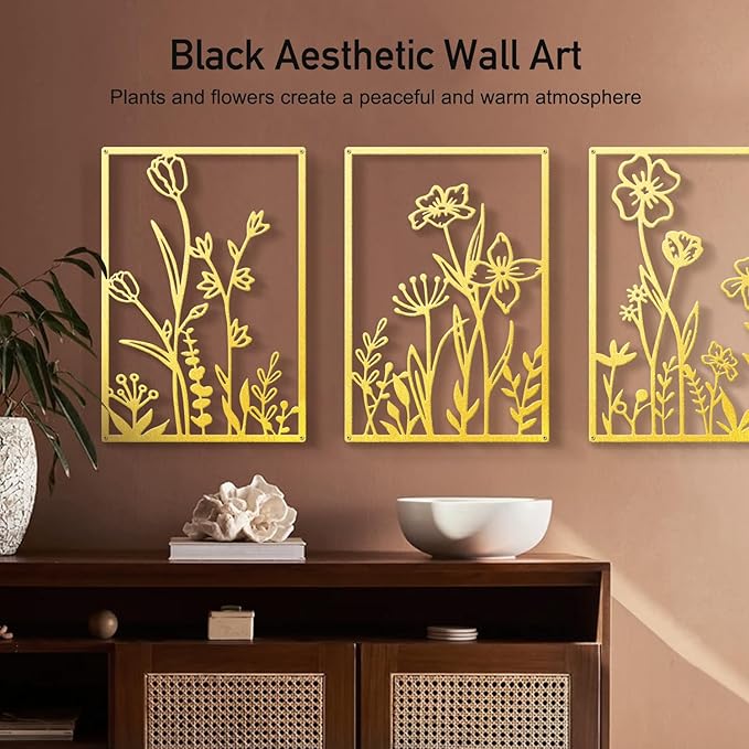 Sokurdeg Gold Metal Flowers Wall Decor, Minimalist Floral Metal Wall Hanging Art for Bedroom Bathroom Living Room (4 Pcs, 15.7 x 22.5 in)