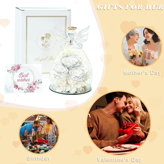 Beferr Valentines Day Rose Gifts for Her Women Mom Gifts for Birthday, Fresh Flowers for Delivery Prime Forever Preserved Rose in Glass Angel Figurine, for Grandma Wife Kids Daughter