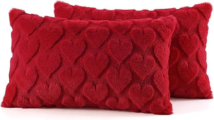 decorUhome Valentine’s Day Soft Plush Throw Pillow Covers 12x20 Inch Set of 2, Faux Fur Red Heart Decoration Neutral Lumbar Pillow Covers for Couch Sofa Bed Cozy Farmhouse Holiday Decor