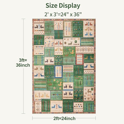 Tangsoo 2x3 Small Rugs for Entryway,Washable Vintage Entry Rug Non Slip, Soft Low Pile Throw Rugs Tribal Front Indoor Rug Small Carpet for Entrance Bedroom Kitchen Laundry Bedside (Green Beige)