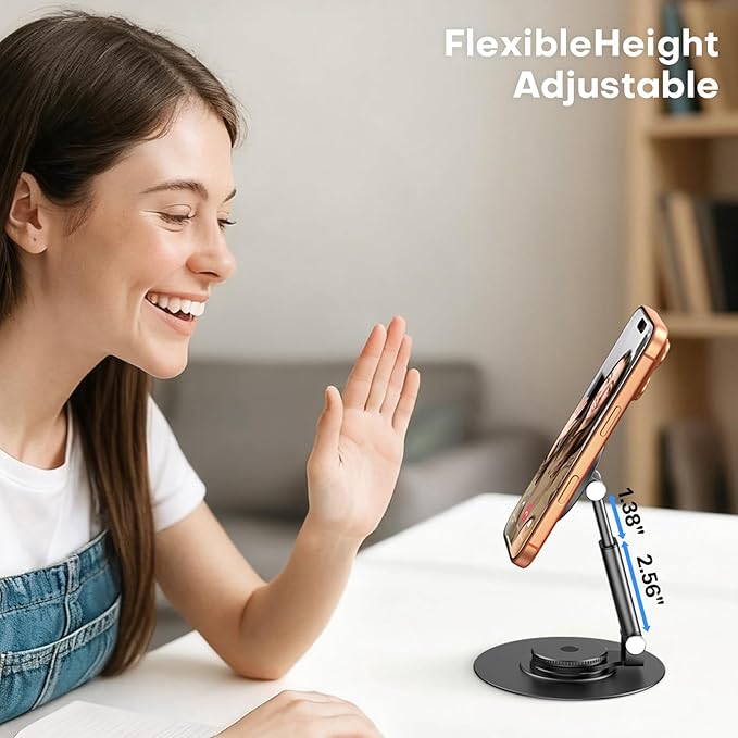 OMOTON 360° Rotating MS05 Magnetic Phone Stand for MagSafe, [Height Adjustable] Cell Phone Stand for Desk with Non-Slip Base, Office Desk Accessories for iPhone 17/16/15/14 Pro Max Air, Black