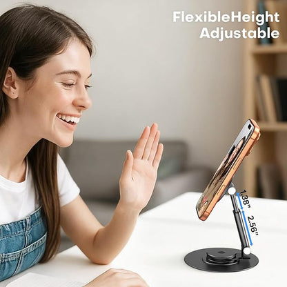 OMOTON 360° Rotating MS05 Magnetic Phone Stand for MagSafe, [Height Adjustable] Cell Phone Stand for Desk with Non-Slip Base, Office Desk Accessories for iPhone 17/16/15/14 Pro Max Air, Black