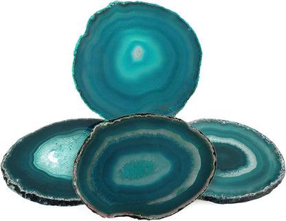 AMOYSTONE Teal Agate Coasters Set of 4, 3-3.5 Inch Handcrafted Slices, Lightweight Stone Coasters, for Teen Girl, College Dorm Room Decor