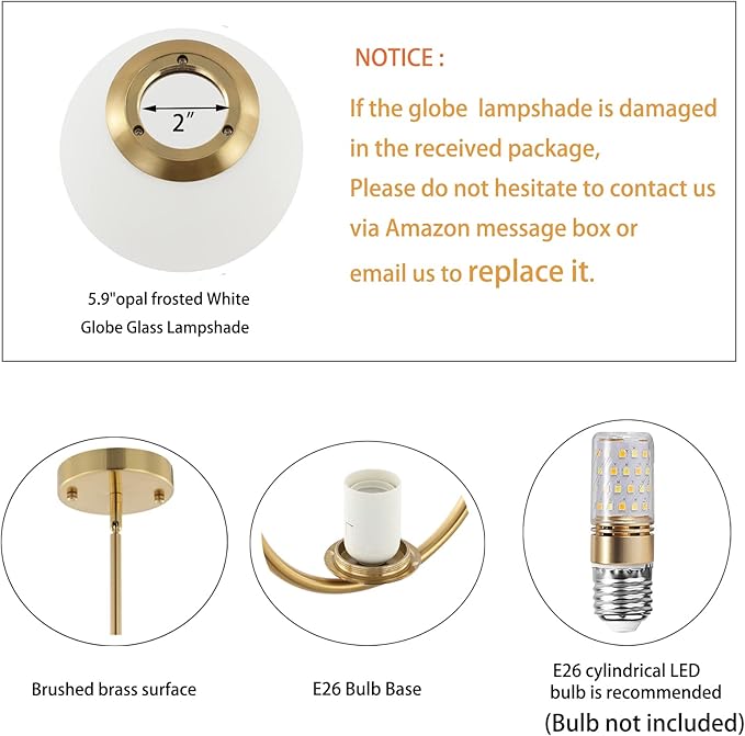 Modern Gold Globe Chandelier 2-Lights Mid Century Pendant Light Brushed Brass Ceiling Hanging Lighting Fixture with White Globe Glass Lampshade for Kitchen Island Dining Room Bedroom