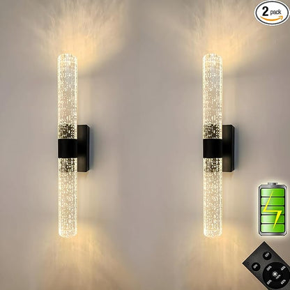 Battery Operated Crystal Wall Lights Rechargeable Set of 2 with Remote | Narrow Base Wireless Bubble Crystal Rod Wall Sconces Vanity Lights for Bathroom Bedroom Living Room (2 Pack, Black, 15.5'')
