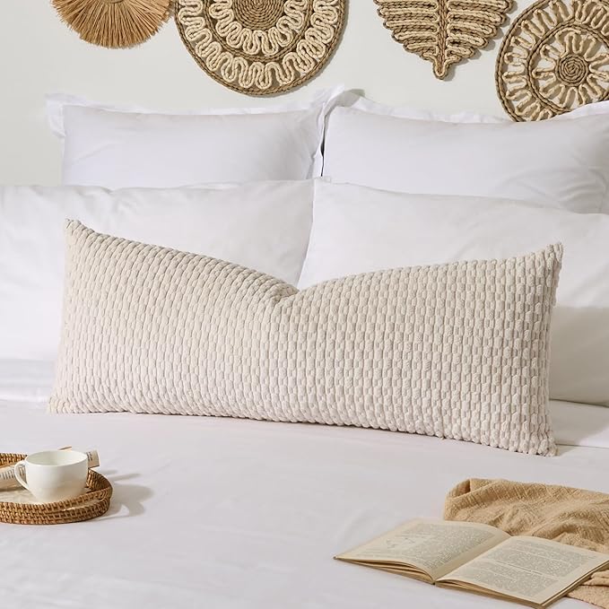 Kevin Textile 20x54 Inch Long Body Lumbar 1 Pack Boho Decorative Throw Pillow Cover Soft Striped Corduroy Rectangle Cushion Case Farmhouse Accent for Living Room Couch Sofa Bed, Cream White