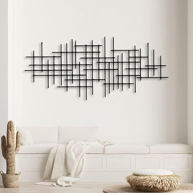 Metal Geometric Line Wall Art, Modern Minimalist Abstract Metal Line Art Wall Decor for Living Room Bedroom Office Kitchen Dining Room (Black, 48 x 21 in | 121 x 53cm)