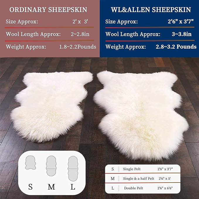 WL&ALLEN Large Sheepskin Rug Genuine Thick and Lush 3 Inch Pile，Luxury Australian Pelts |Large Sheepskin Wool Area Rugs (Single Pelt 2'6" x 3'7"，Ivory White)