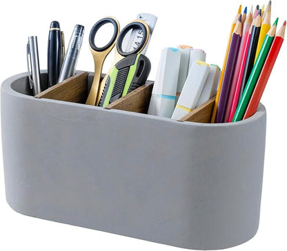 MyGift Pen Holder & Pencil Cup Modern Oval Gray Cement Desktop Office Stationery Organizer with Removable Acacia Wood Dividers