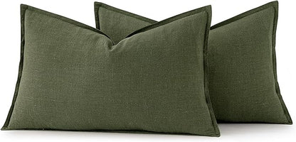 MIULEE Decorative Linen Lumbar Pillow Covers 12x20 Inch Dark Olive Green Boho Farmhouse Neutral Spring Couch Throw Pillows for Bed Pack of 2 Accent Modern Pillowcase Sofa Livingroom Home Decor