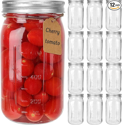 CycleMore Wide Mouth Mason Jars 32 oz, 12 Pack Large Glass Mason Jar with Metal Airtight Lids and Bands, 1 Quart Canning Jars for Pickling, Fermenting, Food Storage & DIY Projects