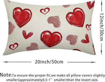 Valentines Day Pillow Covers 12x20 Set of 2 Beige Red Heart Throw Pillow Covers Love Pillowcase Linen Decoration Farmhouse Holiday Cozy Soft Cushion Case Couch for Indoor Outdoor Home Decor