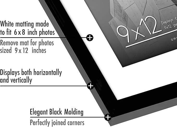 Americanflat 9x12 Picture Frame with Shatter-Resistant Glass - Use as 6x8 Frame with Mat or Display 9x12 Photo Without Mat - Streamline Collection - Picture Frames for Tabletop and Wall - Black