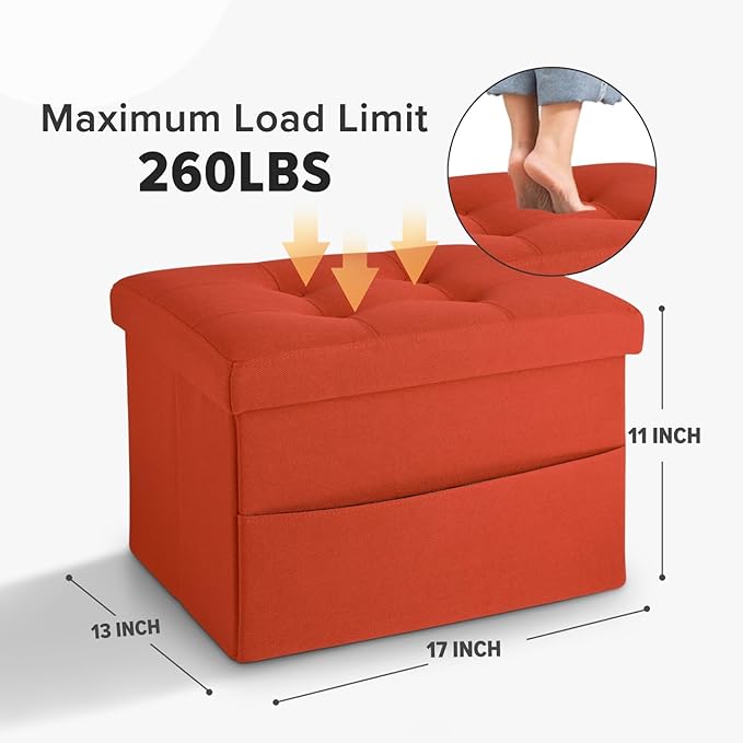LINMAGCO Storage Ottoman Folding Foot Stool Foot Rest with Side Pocket Modern Ottoman with Storage Short Sofa Stool Linen Cloth 17x13x13(Orange)