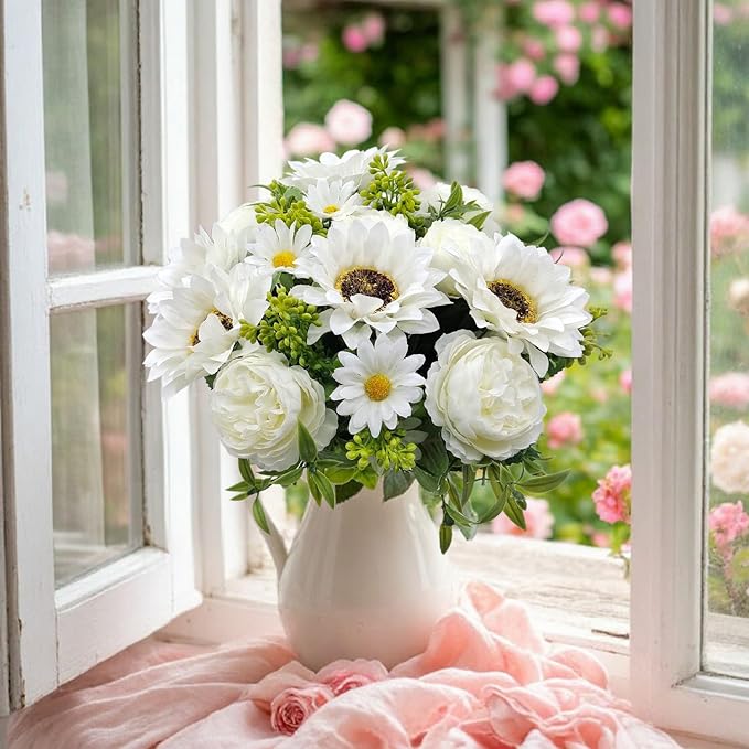 3 Pcs Fall Flowers Artificial Mums Silk Fake Mums Bouquet Faux Floral Arrangements Home Indoor Outdoor Planter Decor Party Wedding Table Autumn Decoration (White-A)