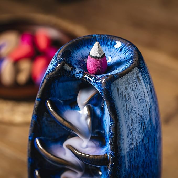 INONE Ceramic Incense Burner with 100 Upgraded Cones, Waterfall Backflow Incense Holder, Aromatherapy Ornament, Zen Decor, Home Decor, Room Decor (Blue)