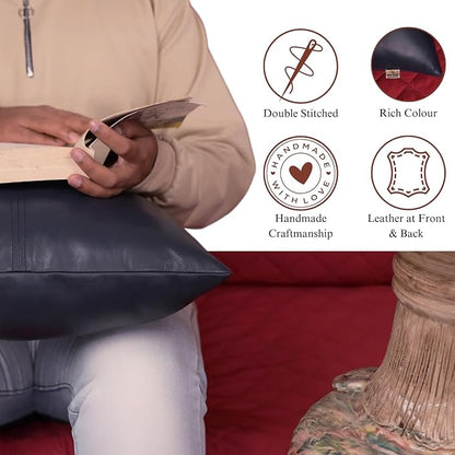 Lambskin Leather Pillow Cover, Hand Panel Stitched Leather Decorative Throw Pillow Covers for Couch Sofa Bed Living Room Garden (16x16 Inches, Gun Metal Blue Pack of 1)