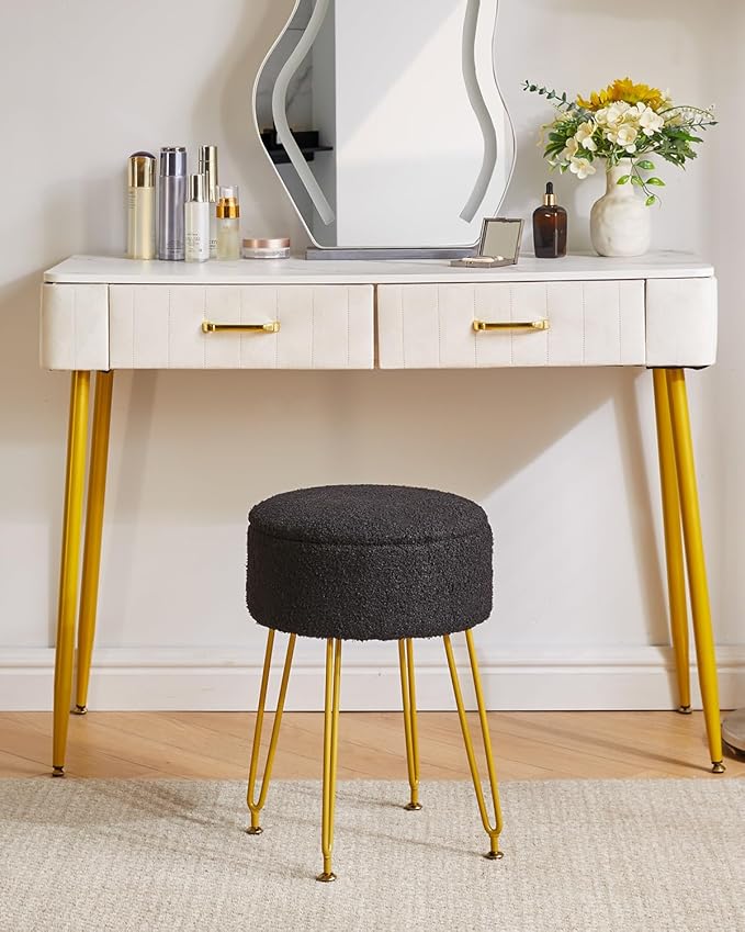 IBUYKE Teddy Velvet Storage Footrest Stool Ottoman, Makeup Vanity Stool Side Table with Removable Cover, Golden Steel Legs, Coffee Table Top Cover, Black WBD010B
