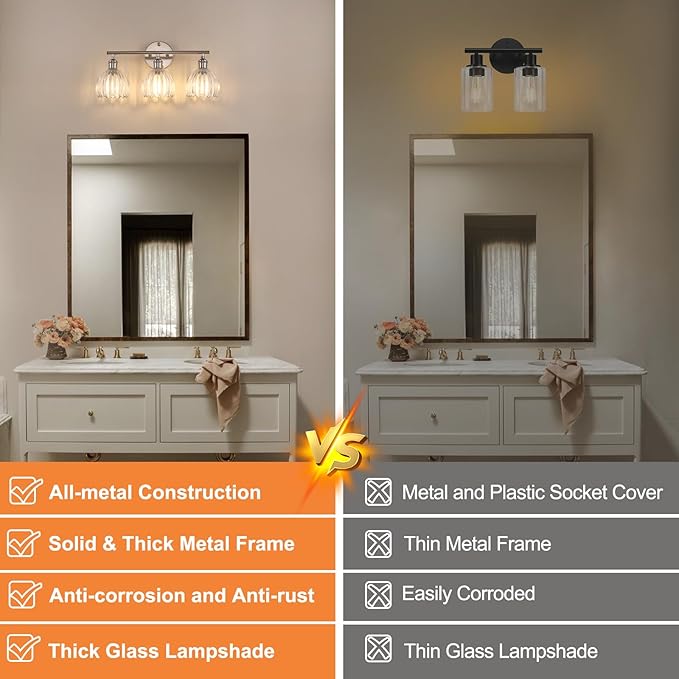Bathroom Light Fixtures, 3-Light Vanity Wall Light Over Mirror with Clear Tulip Glass Shade for Bedroom Living Room (Bulb Not Included), Satin Nickel