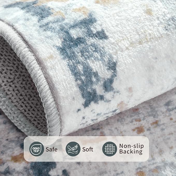 9x12 Area Rug for Living Room, Extra Large Washable Rug, Soft Blue Abstract Rug for Bedroom, Office, Farmhouse, Low Pile Imitation Wool Non Slip Carpet Ideal for High-Traffic Areas, Blue Beige
