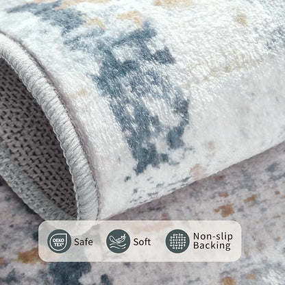 9x12 Area Rug for Living Room, Extra Large Washable Rug, Soft Blue Abstract Rug for Bedroom, Office, Farmhouse, Low Pile Imitation Wool Non Slip Carpet Ideal for High-Traffic Areas, Blue Beige
