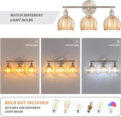 Bathroom Light Fixtures, 3-Light Vanity Wall Light Over Mirror with Amber Tulip Glass Shade for Bedroom Living Room (Bulb Not Included), Satin Nickel