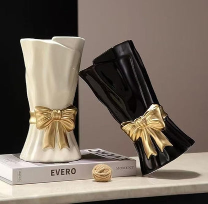 Bow Vase, Black Flower Vase for Home Decor, Black Ceramic Vases for Boho Style, Bow Decor, 9.3 Inch Flower Vases for Bouquet, Ideal Shelf Decor/Table. (Large)