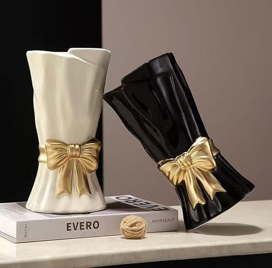 Bow Vase, Black Flower Vase for Home Decor, Black Ceramic Vases for Boho Style, Bow Decor, 9.3 Inch Flower Vases for Bouquet, Ideal Shelf Decor/Table. (Large)