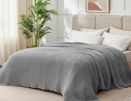 100% Cotton Muslin Blanket Queen 90" x 90", 6 Layers Breathable and Lightweight Cotton Throw Blanket for Bed, Soft Quilt Bedspread Coverlet, Gauze Blanket for Adults All Season, Grey
