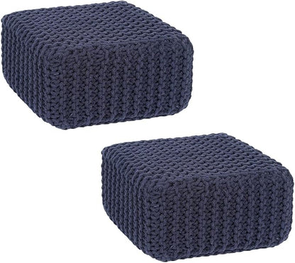REDEARTH · Cube Low Pouf Foot Stool Ottoman - Hand Knitted Poof - Cord Boho Pouffe - Home Décor - Stuffed Footrest for Living Room - Nursery - Bedroom - Patio (16" x 16" x 8") - Navy Blue, Set of 2