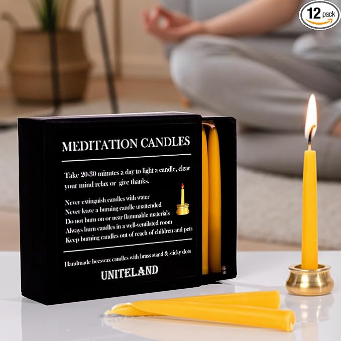 12 Packs Mini Beeswax Taper Candles, 20-30 Minute Meditation Candles with Brass Candle Holders, Dripless Mini Beeswax Prayer Candles Gift for Yoga Relaxation (12)