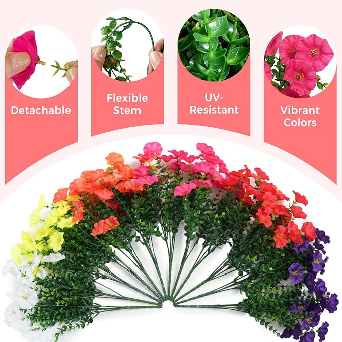 Spring Summer Mix Color Artificial Morning Glory, 12 Bundles Artificial Flowers for Outdoors Decorations UV Resistant Realistic Silk Flowers for Patio Home Decor Garden Planter Window Box Yard
