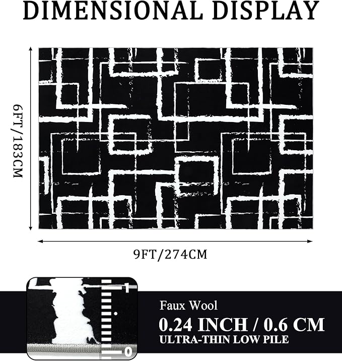 YIHOUSE Black Modern Geometric Area Rug 6x9, Black and White Rug with Abstract Rectangular Patterns,Non-Shedding Washable Rugs for Bedroom, Home Office and Living Room