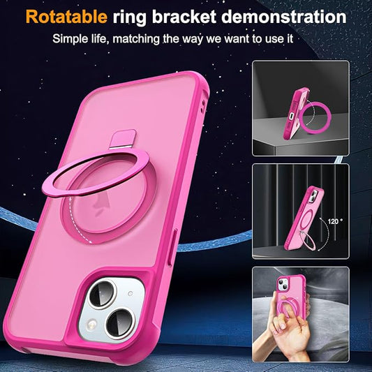 Compatible with iPhone 13 Case & iPhone 14 Case with Invisible Magnetic O-Ring Stand Translucent Phone Cases for 13 & 14 6.1" [Compatible with Mag-Safe][Great Grip Feeling], Rose