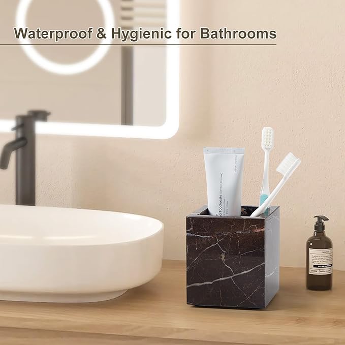 Real Natural Travertine Marble Toothbrush Holder & Pen Holder & Makeup Brush Holder & Utensil Holder, Genuine Stone Rectangular Bathroom Tumbler Cup, Durable Office & Home Countertop Organizer