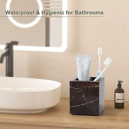 Real Natural Travertine Marble Toothbrush Holder & Pen Holder & Makeup Brush Holder & Utensil Holder, Genuine Stone Rectangular Bathroom Tumbler Cup, Durable Office & Home Countertop Organizer