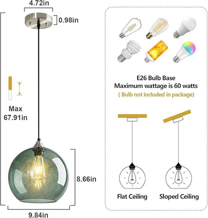 Gray Green Glass Pendant Lights Kitchen Island Lighting Globe Pendant Light Fixtures Modern Pendant Lighting for Kitchen Island Bedroom Living Dining Room Light Fixture(9.84in, 3-Pack)