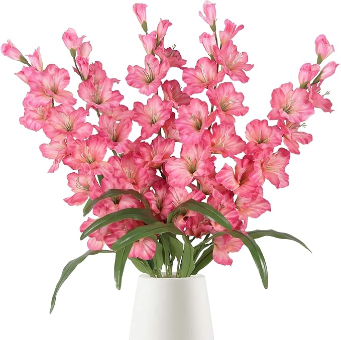IPOPU Fake Flowers Pink Gladiolus Artificial Flowers 5PCS Silk Gladiolus with Long Stem 33" Dark Pink Artificial Flowers for Wedding Home Party Table Floral Arrangement (Dark Pink)