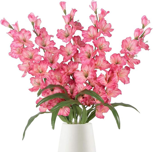 IPOPU Fake Flowers Pink Gladiolus Artificial Flowers 5PCS Silk Gladiolus with Long Stem 33" Dark Pink Artificial Flowers for Wedding Home Party Table Floral Arrangement (Dark Pink)